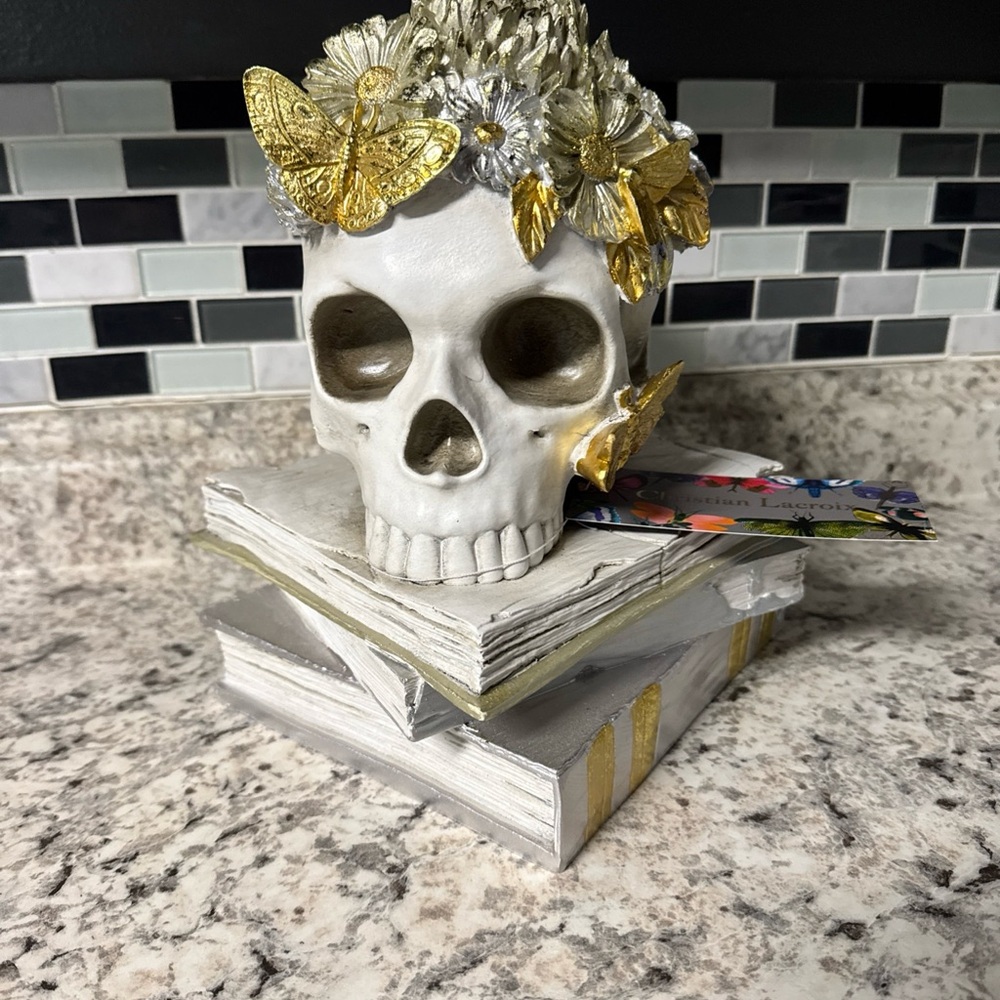 Christian Lacroix Skull on Stacked Books Creepy Halloween Skeleton Butterflies
